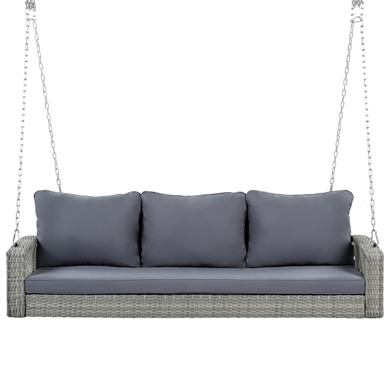 3-Person 69" PE Wicker Porch Swing with Chains, All-Weather Large Patio Swing Bench with Cushions for Backyard, Garden, and Poolside