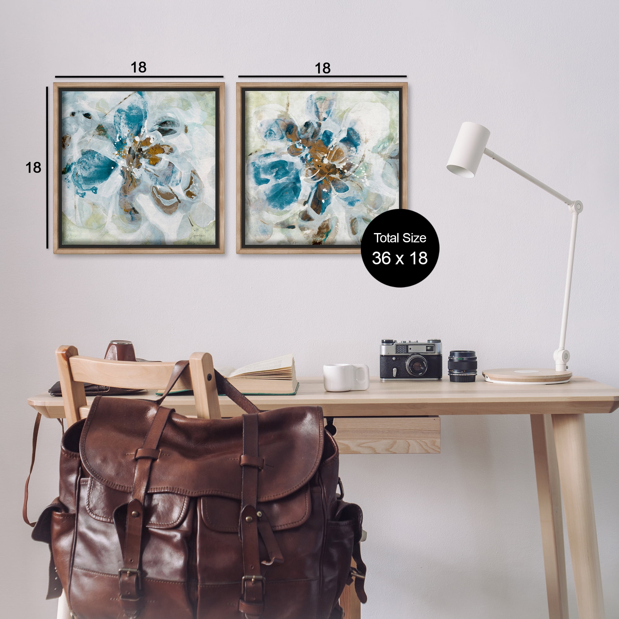 Stupell Industries Teal Abstract Flower Petals Abstract Painting Brown Floater Framed Canvas Art Print Wall Art, 18 x 18, Set of 2