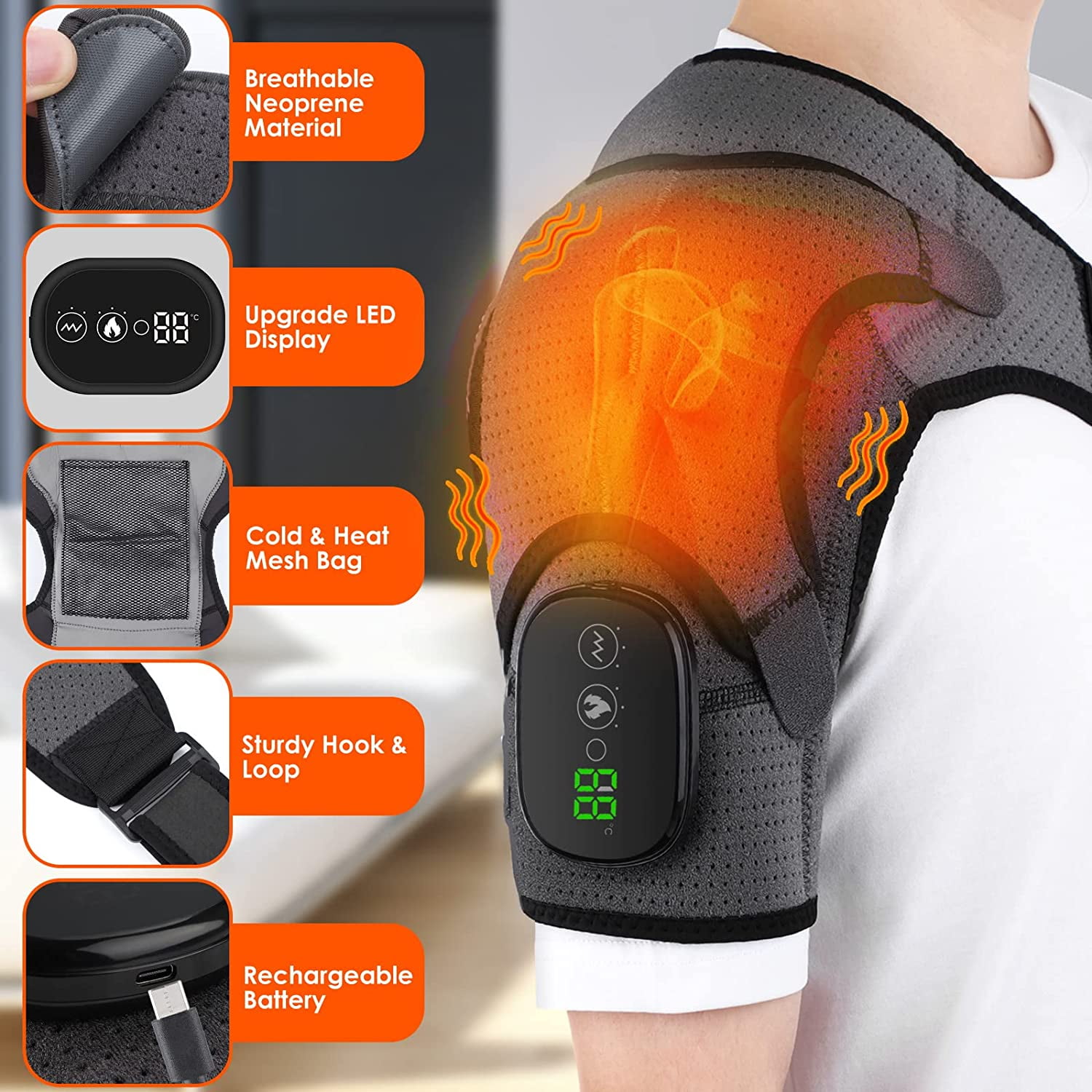 SUWU Massaging Heated Shoulder Wrap, Cordless Rechargeable Heating Pad, Adjustable Braces with 3 Heat Settings