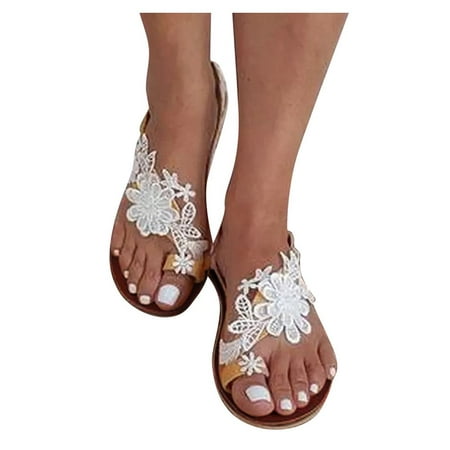 

qucoqpe Summer Women s Sandals Flat Clip Toe Casual Lace Floral Beach Flip Flop Comfy Shoes Elegant Toe Ring Roman Sandals Flowy Dress Rope Sandals for Beach Walk