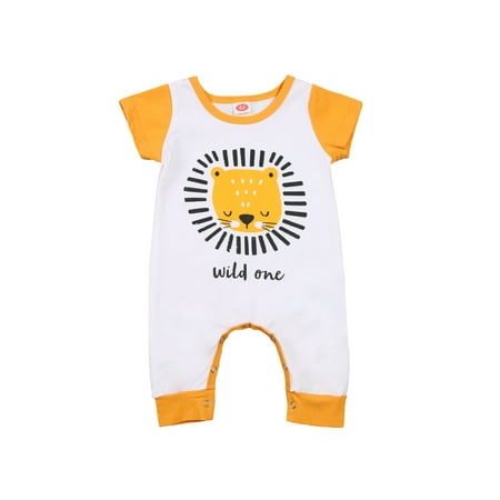 

One opening Baby s Romper Toddler s Yellow Lion Pattern Short Sleeve Crotch Button Crew Neck One-piece Garment