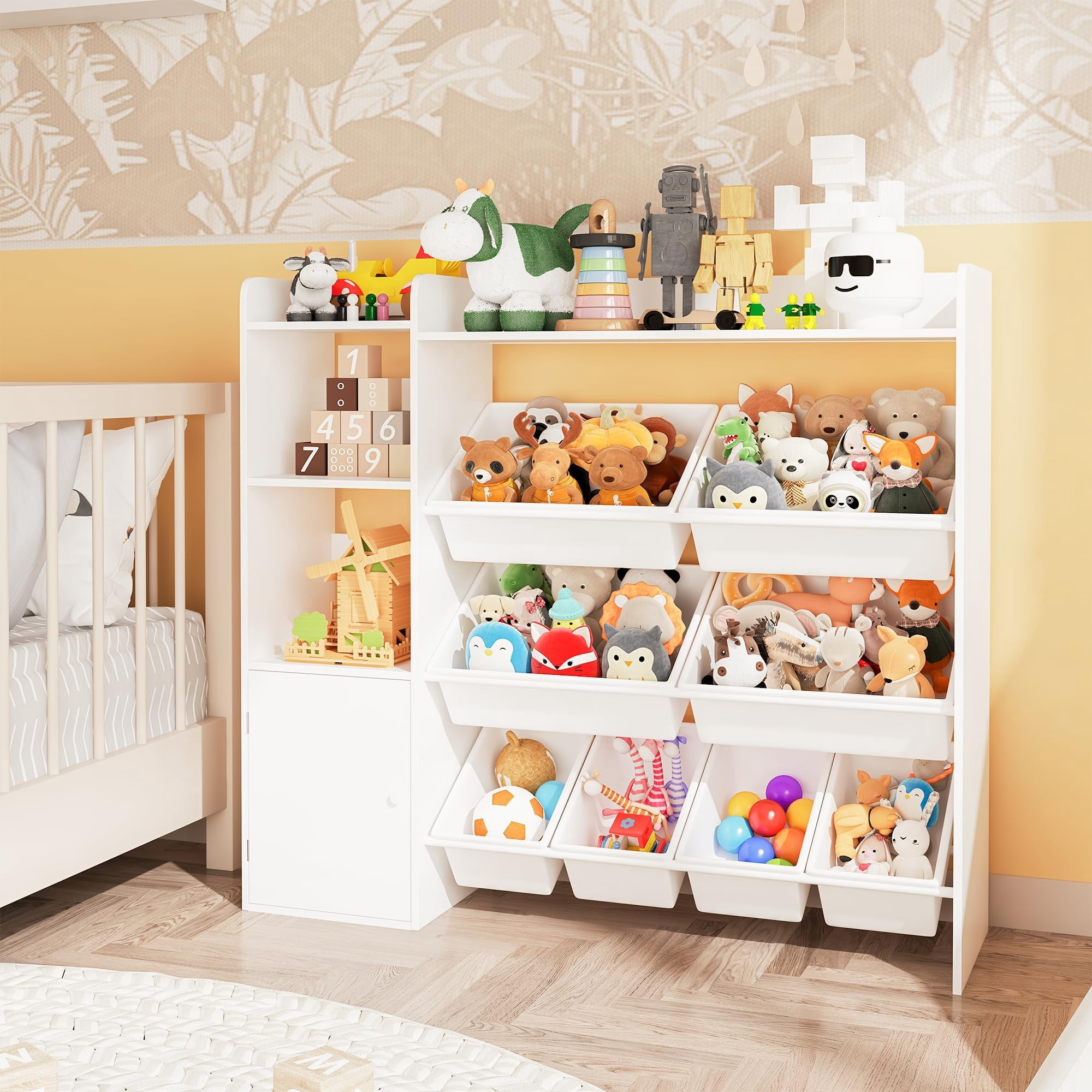 Kids Toy Storage Organize 8 Removable Bins Kid Bookshelf and Toy Storage Large Toy Box with Bookshelf for Bedroom, Kids Room, Classroom, Nursery