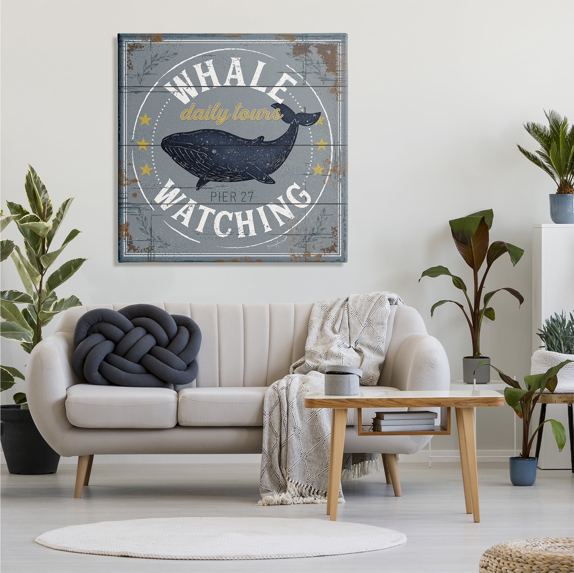 Stupell Industries Whale Watching Tours Sign Rustic Blue Marine Life, 36 x  36, Designed by Jennifer Pugh