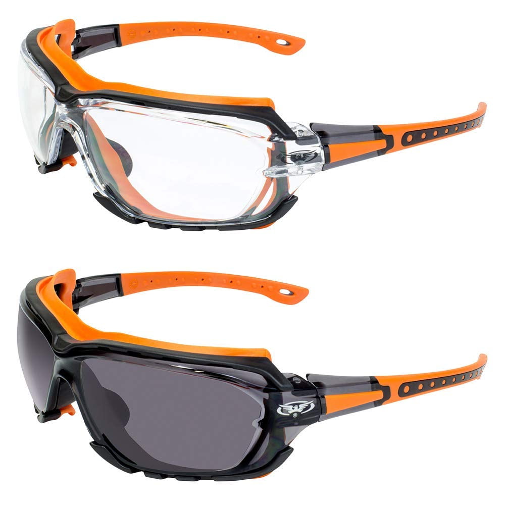 2 Pair Global Vision Octane Sport Motorcycle Riding Safety Glasses Orange Gasket 1 with Clear Lens and 1 with Smoke Lens 