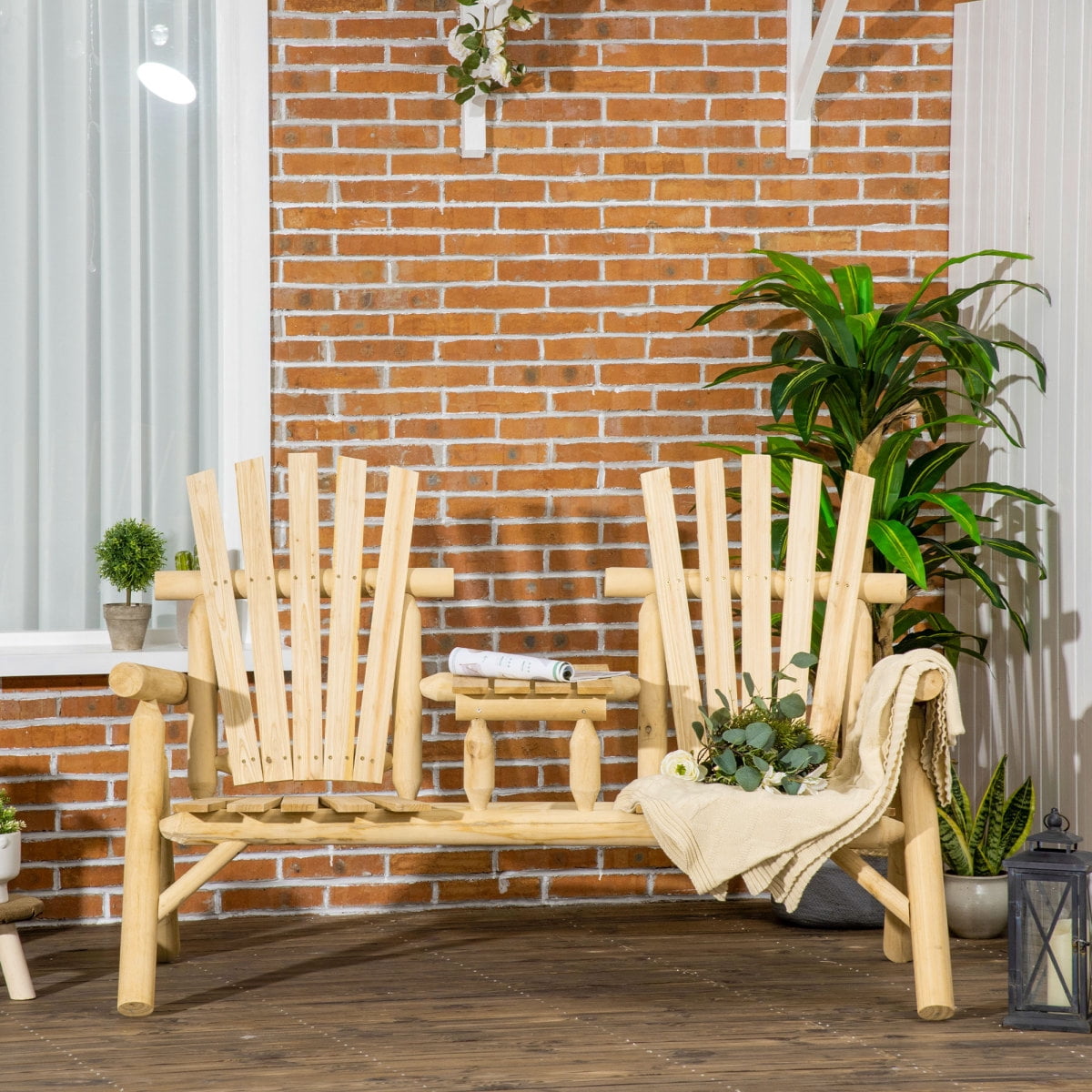 Newboti Furniture 2-Seat Wooden Adirondack Chair, Patio Bench with Table, Outdoor Loveseat Fire Pit Chair for Porch, Backyard, Deck, Natural BN.6877