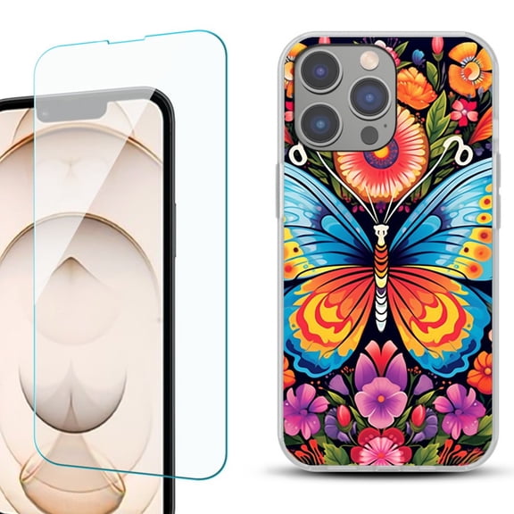 OneToughShield ® for iPhone 15 Pro Max Shockproof Fashion Phone Case, with Tempered Glass Screen Protector - Butterfly Garden