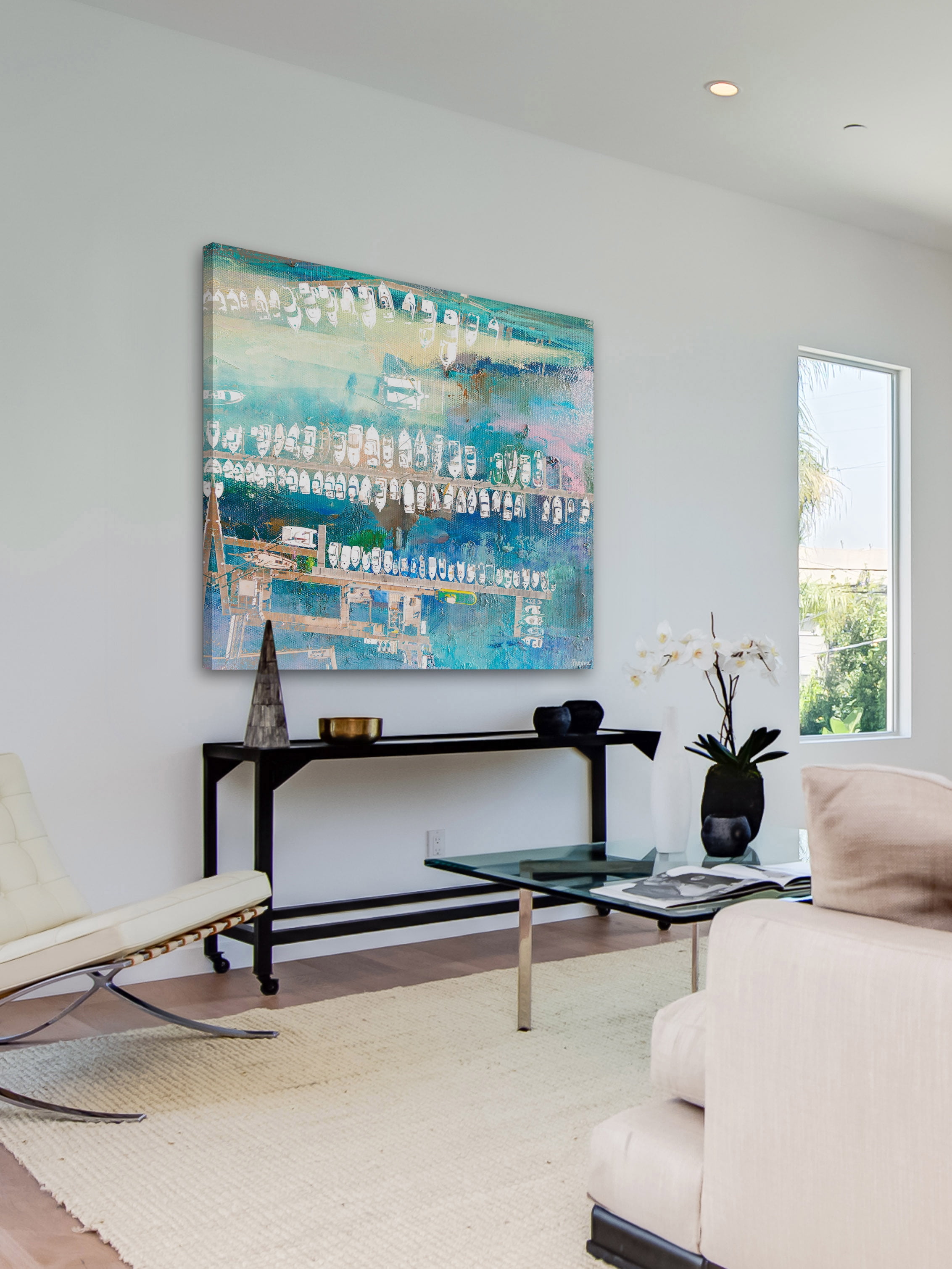"Docked White Boats" Painting Print on Wrapped Canvas