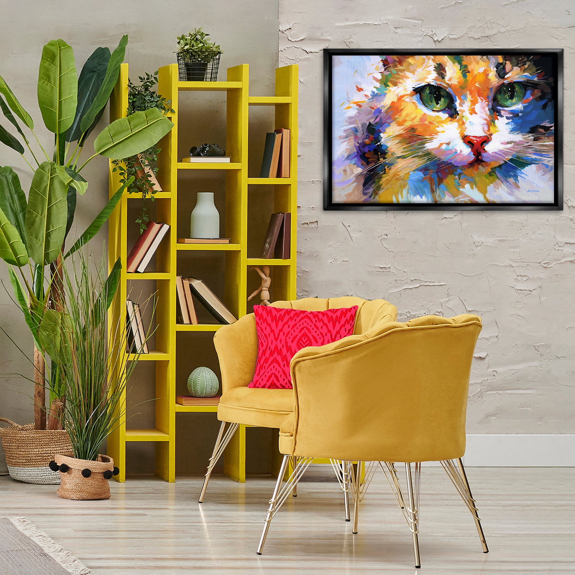 Stupell Industries Manx Cat Gaze Animals & Insects Painting Black Floater Framed Canvas Art Print Wall Art, 31 x 21