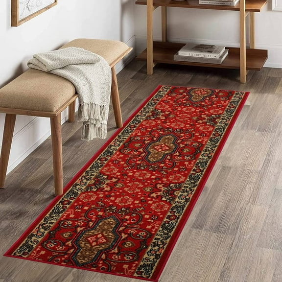 Custom Size Runner Rug Skid Resistant Backing Oriental Red Medallion Design Pick Your Own Size Rug Runner, Cut to Size Red Roll Runner Rug By Feet Customize in USA Facility