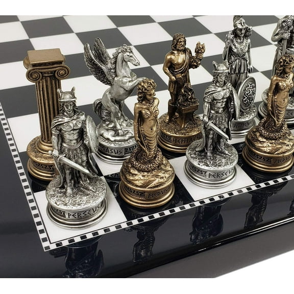 Greek Mythology Olympus Gods Chess Set Pewter Bronze Color 15" Black White Board