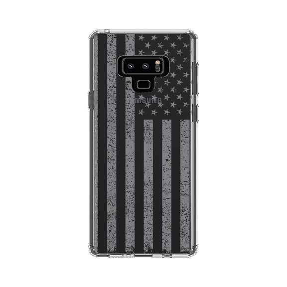 DistinctInk Clear Shockproof Hybrid Case for Samsung Galaxy Note 9 - TPU Bumper, Acrylic Back, Tempered Glass Screen Protector - Weathered Grey US Flag