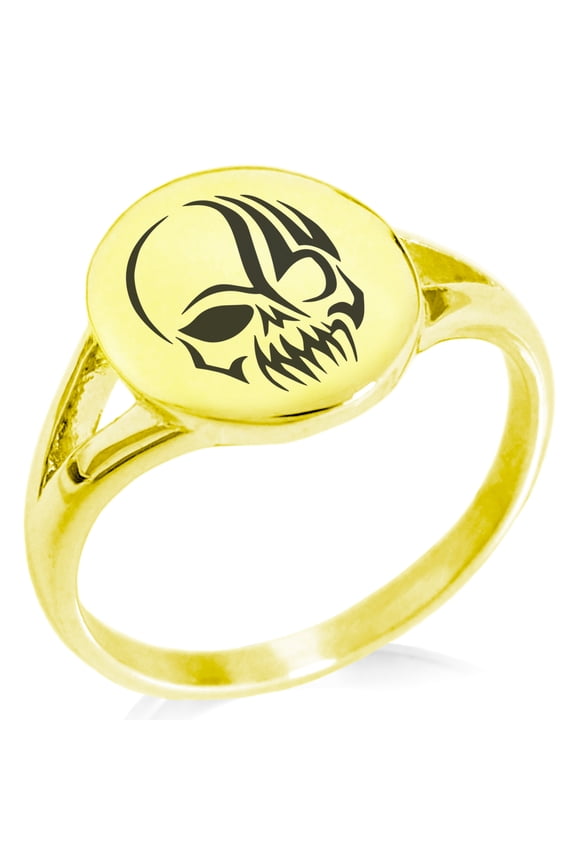 Stainless Steel Death Zombie Skull Minimalist Oval Top Polished Statement Signet Ring