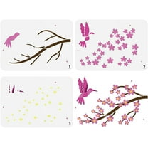 3PCS Layered Cherry Blossoms Painting Stencil 8.3x11.7inch Large Hummingbird Stencil Plastic PET Branches Plants Bird Drawing Template Animal Theme Stencil