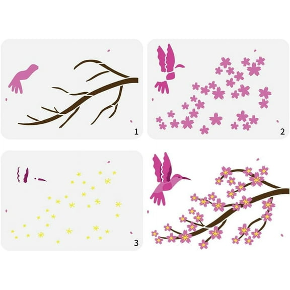3PCS Layered Cherry Blossoms Painting Stencil 8.3x11.7inch Large Hummingbird Stencil Plastic PET Branches Plants Bird Drawing Template Animal Theme Stencil