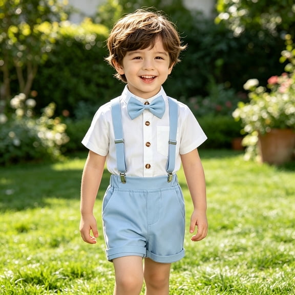 XINXIAOO Baby Boys Summer Clothes Toddler Wedding Outfit Short Sleeve Shirt Shorts Bow Tie and Suspenders Kids Gentleman Sets 12-18 Months