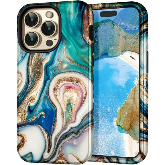 CASEFIV for iPhone 14 Pro Case,Marble Stylish Heavy Duty Shockproof Full Body Protection Phone Covers for Women Girls,Blue/Drift Sand