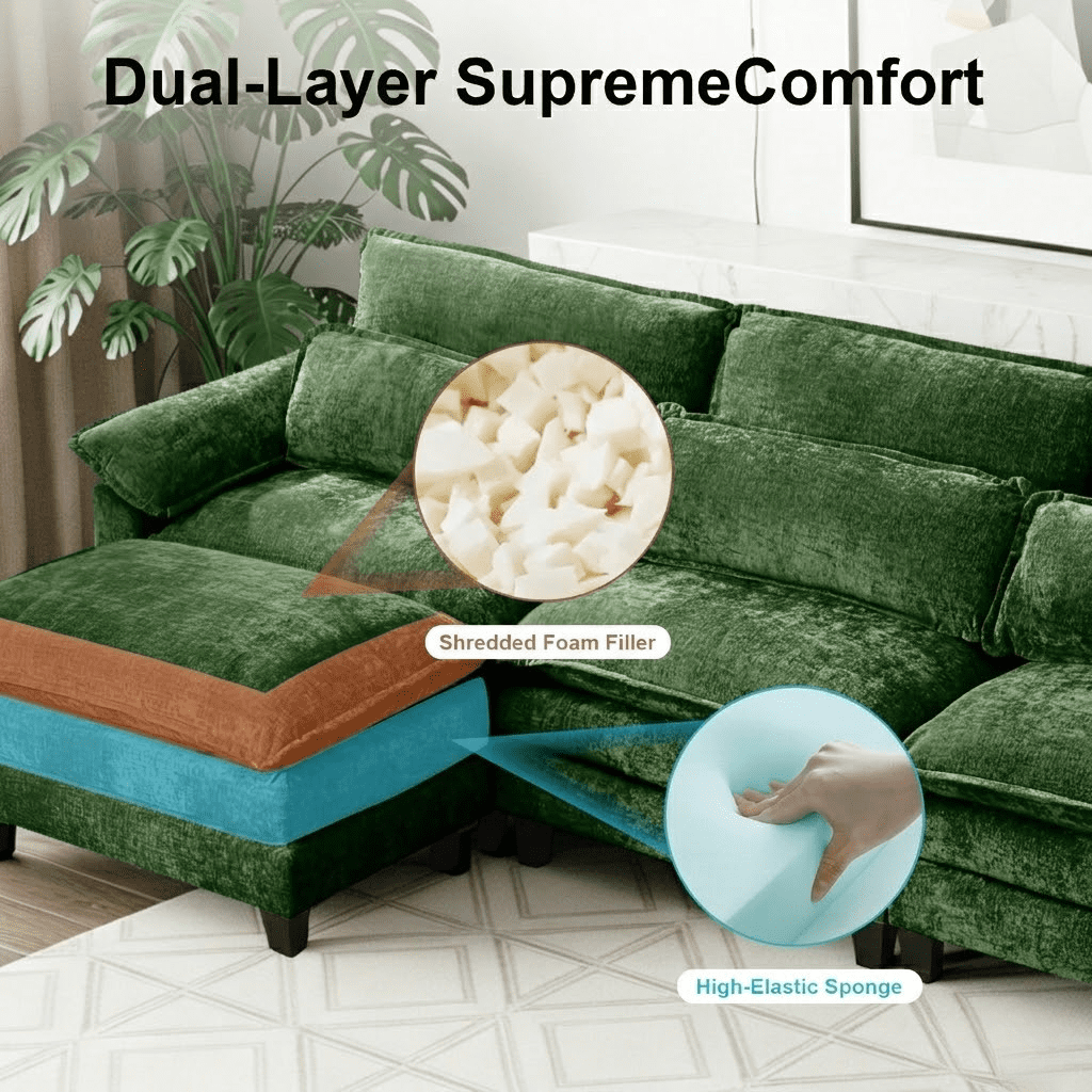 Howcool 148" Modular Sectional Sofa , 4 Seater U-Shaped Cloud Couch with Movable Ottoman, USB Charging Ports & Side Pockets, Sectional couchs for Living Room,Chenille Fabric,Green(Thick Sponge)