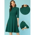 thumbnail image 2 of Unique Bargains Women's Sheath 3/4 Sleeves Stand Collar A-Line Dress S Dark Green, 2 of 6
