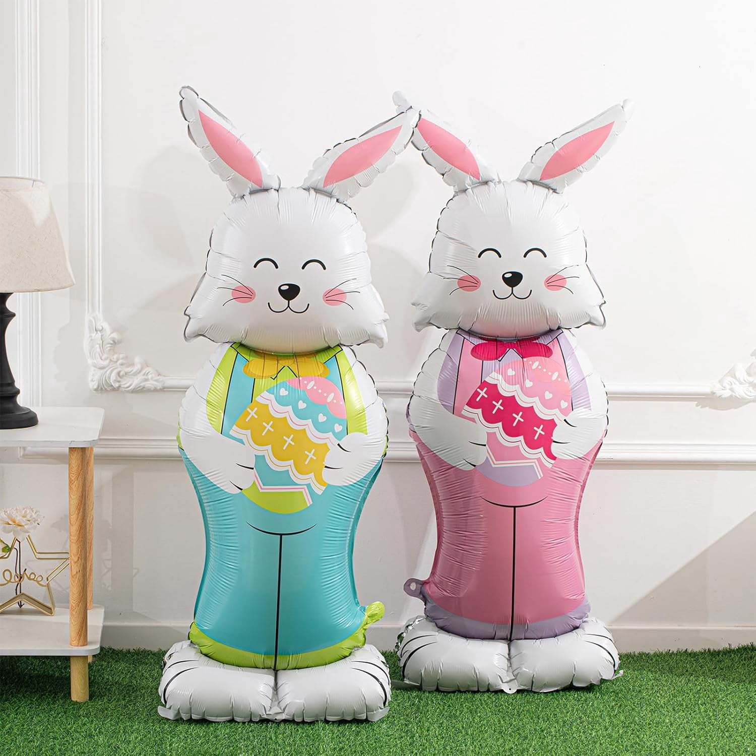 Easter Bunny Balloons, 2-Pack 59-Inch Large Rabbit-Shaped Foil Balloons With Base For Standing Display, Cartoon Bunny Decor For Easter Birthday Spring Party