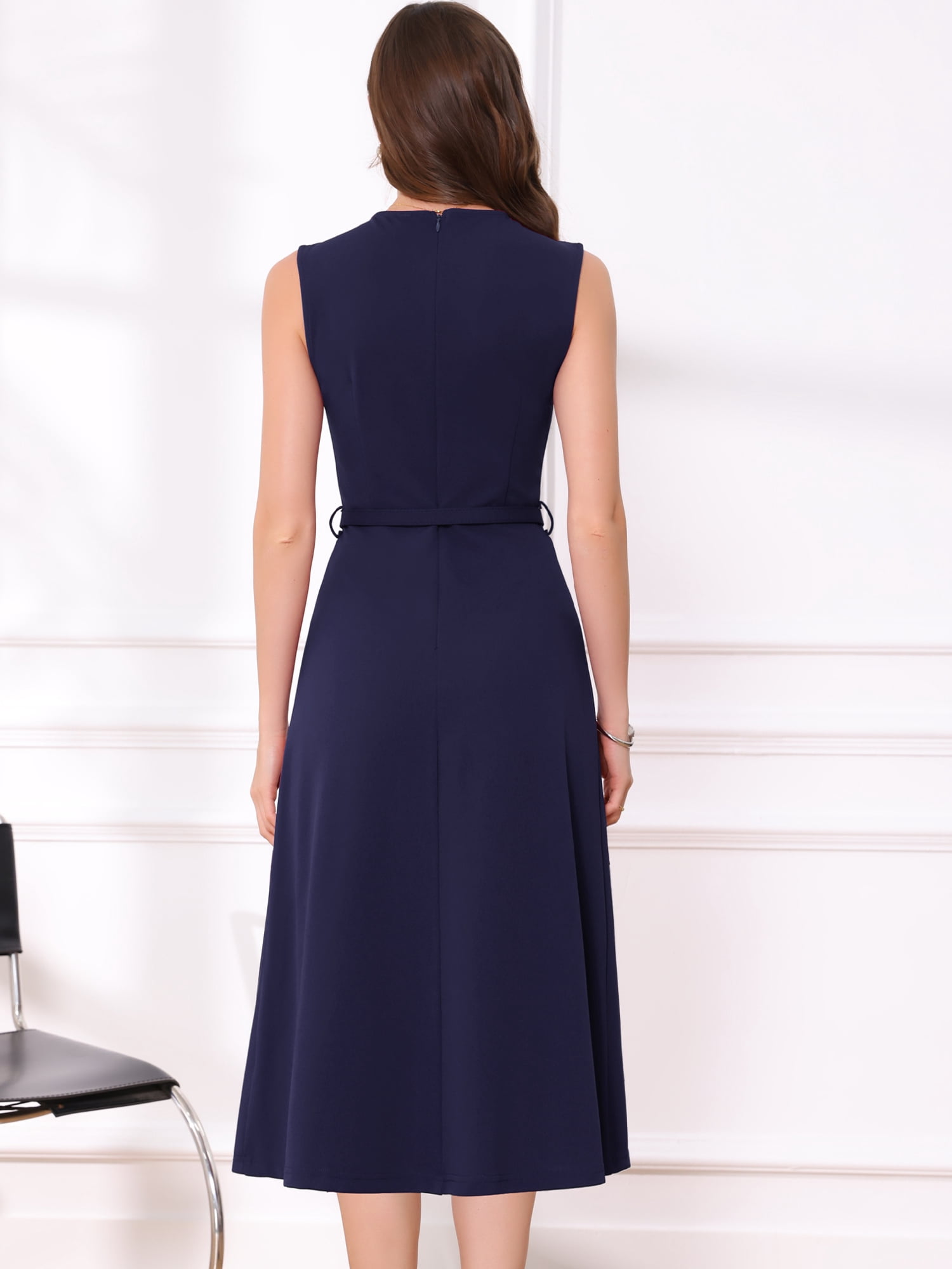 DARING DIVA Women's Sleeveless Crew Neck High Waist A-Line Dress L Navy Blue
