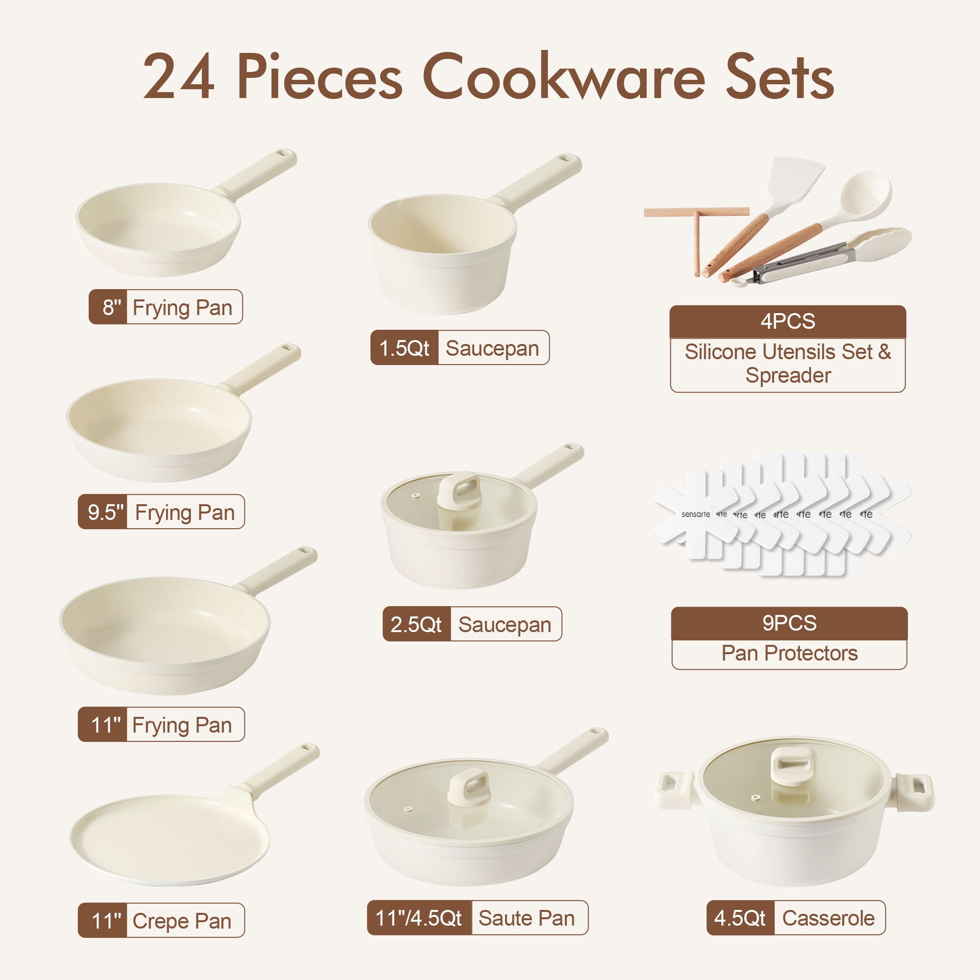 SENSARTE 24-Piece Ceramic Pots and Pans Set, White Induction Nonstick Cookware Set, Healthy Kitchen Cooking Sets with Stay-Cool Handles, Dishwasher Safe, Stackable