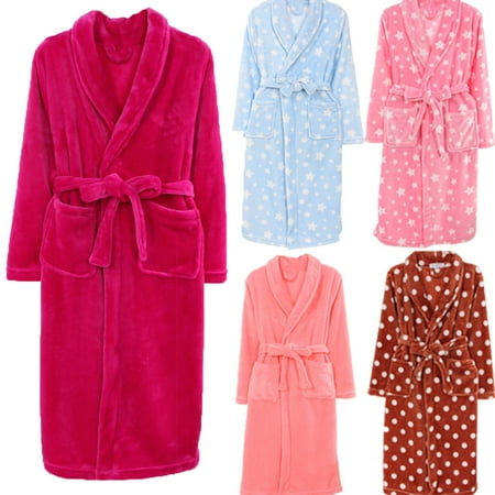 

Women Dots Star Print Warm Flannel Long Sleeve Bath Robe Dressing Gown Sleepwear