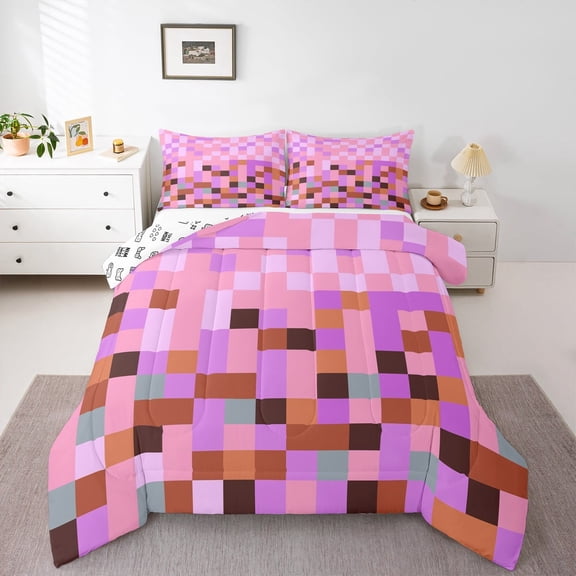 Homewish Dreamy Square Abstract Bedding Comforter Set for Adult, Purple Cartoon Plaid Twin Comforter Sets, Modern Buffalo Reversible Bedding Set, Super Cozy Room Decor, 2pcs
