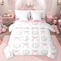 jejeloiu Pink Ribbon Bow 7pcs Bedding Comforter Set,Volleyball Games Queen Bedding Sets For Girls Teens Reversible