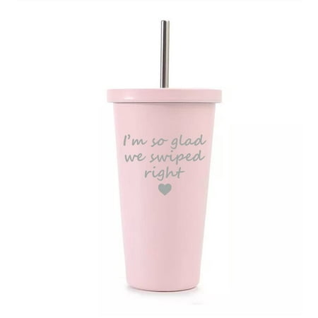 

16 oz Stainless Steel Double Wall Insulated Tumbler Pool Beach Cup Travel Mug With Straw I m So Glad We Swiped Right Girlfriend Boyfriend (Light Pink)