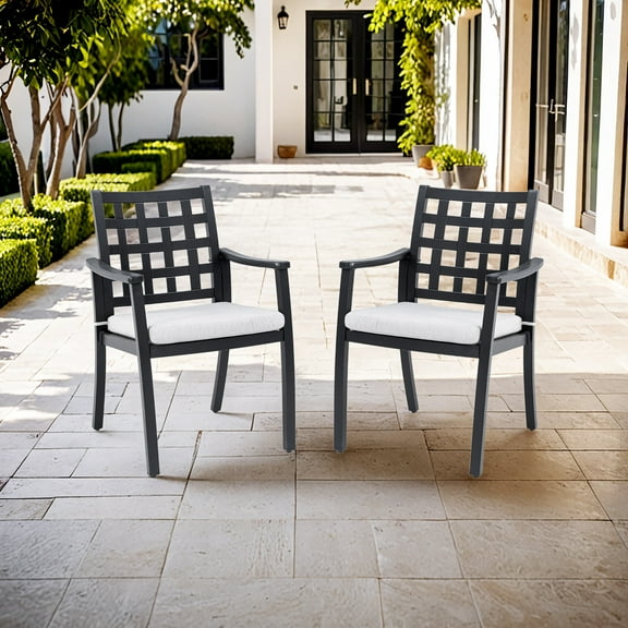 Noble House Cast Aluminum Outdoor Dining Chairs, Classic Lattice Back, Sunbrella Cushions, Ember Black, Set of 2