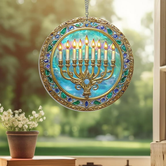 AatoeaX Menorah Stained - Glass Ornament: Hanukkah - Themed Design, Transparent Acrylic, Hanging Decor for Jewish Holidays, Religious Spaces & Festive Accents
