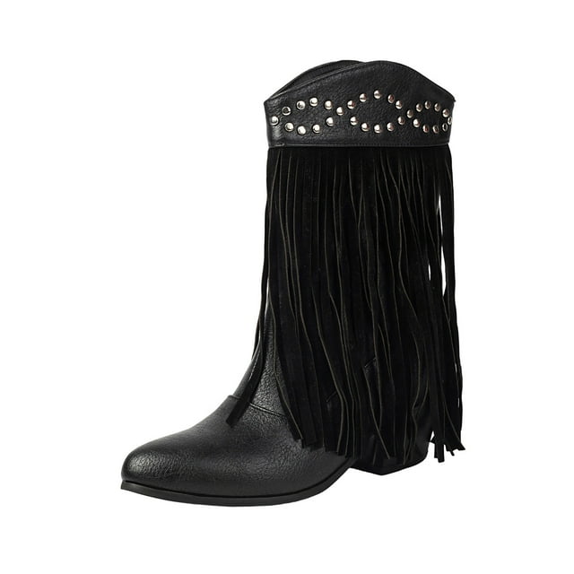 LOVZFMLL Cowboy Boots for Women Mid Calf Stovepipe Boots Round Toe Slip Resistant Mid Block Heel Western Style Fall Winter
