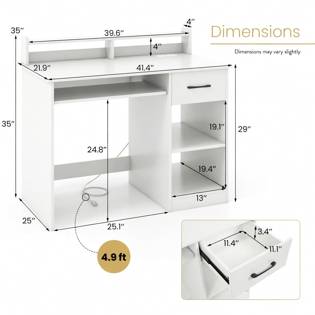 Demi Bonn White Home Office Desk, Keyboard Tray, Reinforced Crossbar, with Charging Station and Adjustable Shelf-White