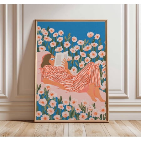Folk Art Reading Floral Pattern Book Lover Whimsical Illustration Wall Art Unframed Paper Print