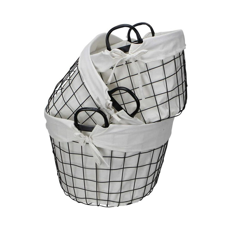 Set Of 3 Oval White Lined And Metal Wire Baskets With Handles Set Of 3 Oval White Lined And Metal Wire Baskets With Handles