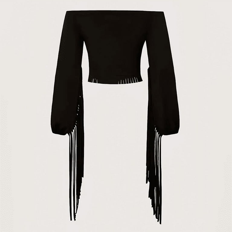 VIWORLD Women's Western Off Shoulder Fringe Top Cowgirl Style Long