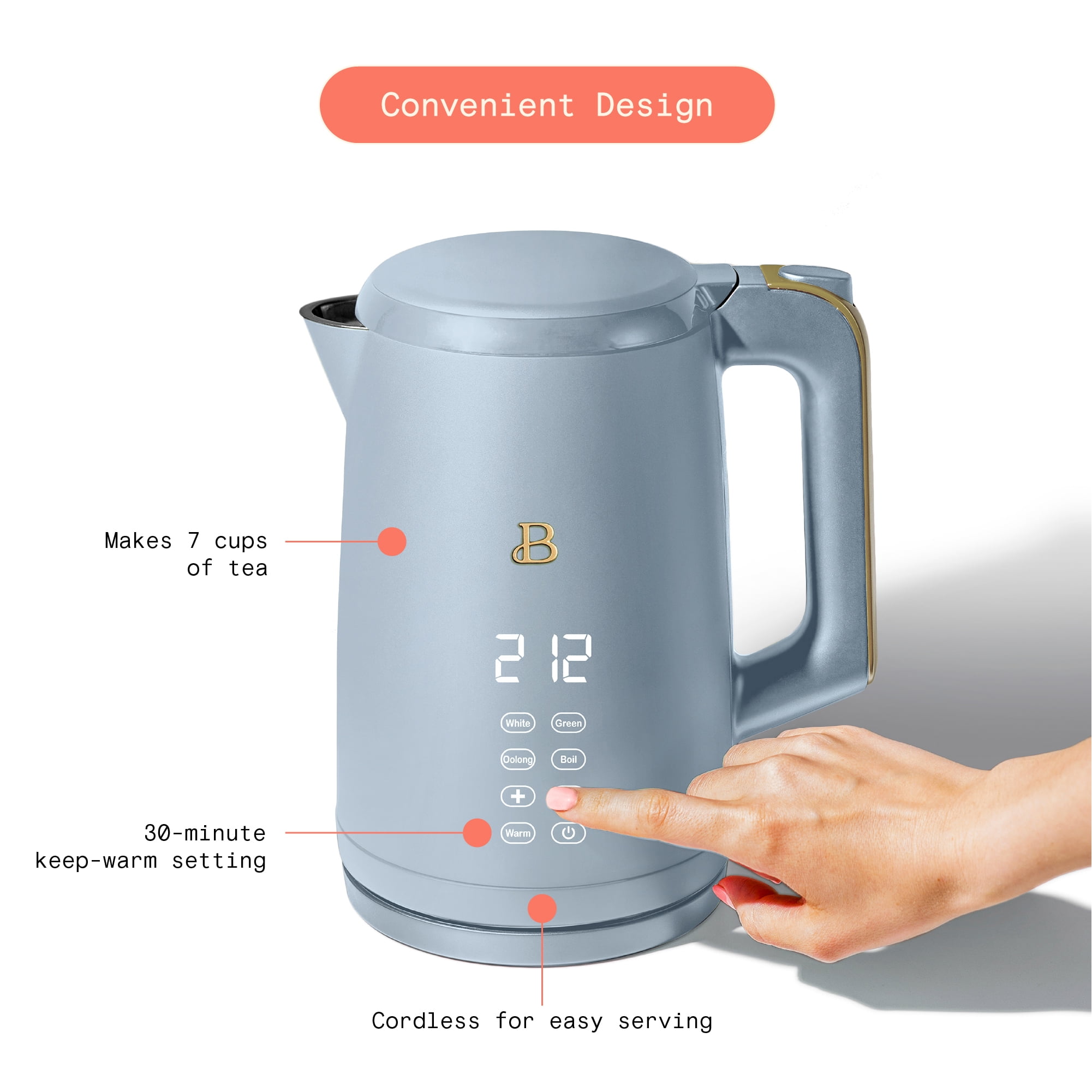 Beautiful 1.7L One-Touch Electric Kettle, by Drew Barrymore 1500 W Electric Kettle, Yellow with Automatic Shut-Off, Detachable Base, Temperature Control