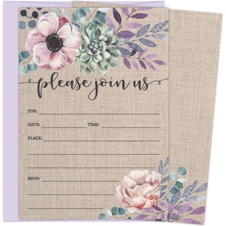 Rustic Burlap Invitations with Florals. 25 Lavender Envelopes and Fill in the Blank Invites for Bridal Showers, Showers, Birthdays, Graduations, Christening, Baptism, Dinner Parties, Rehearsal Di