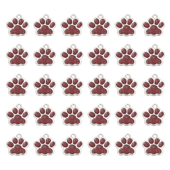 Uxcell Enamel Paw Print Charms, 50 Pcs Alloy Dog Cat Paw Charms Pendant Cute Animal Footprint Beads with Glitter Powder for DIY Jewelry Making Craft Necklace,(Silver Tone/Red)
