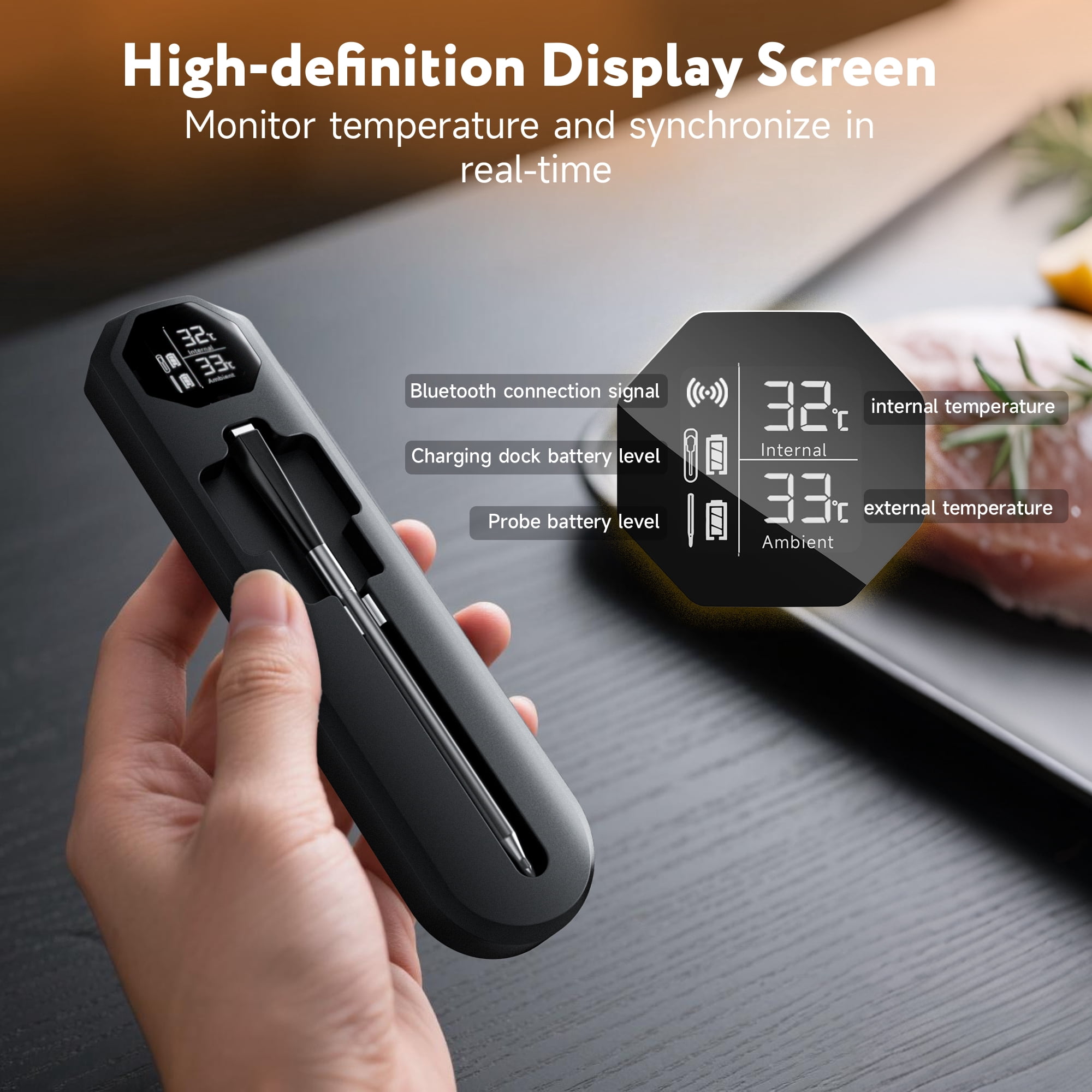 Smart Wireless Meat Thermometer with 500FT Bluetooth Range, App Remote Monitoring, Time Reminder, for Cooking, Baking, Oven, Grill and More