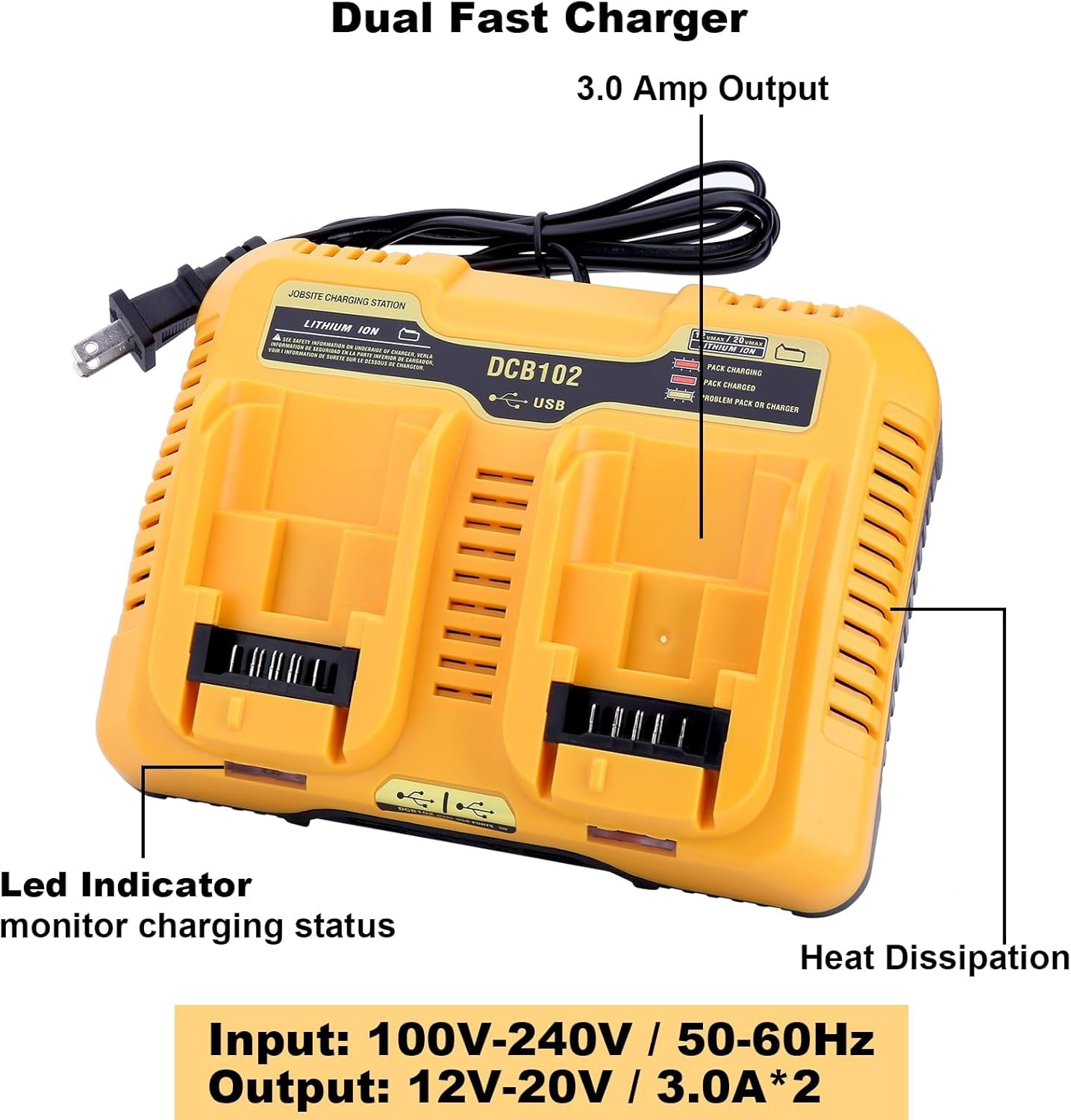 Dual Port Charger Replacement for De-Walt 12/20V MAX Battery Charger DCB102, Compatible with 20v 12v 60v Battery DCB120 DCB126 DCB208 DCB201 DCB609 DCB606