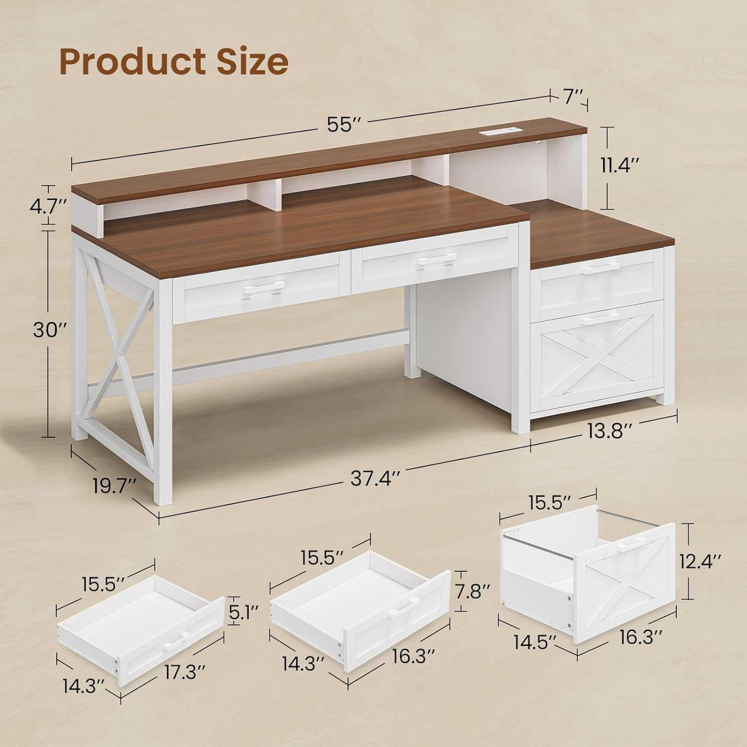 Farmhouse Computer Desk with Power Outlets, Home Office Desk with Drawers & Monitor Stand, Corner Desk with Printer Stand & LED Lights, 55" White Desk Writing Desk Study Table for Small Space