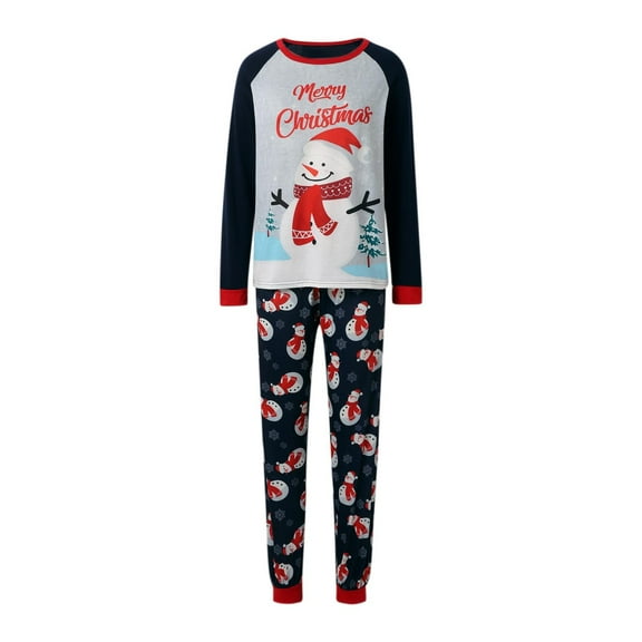 HOWPAY Family Matching Christmas Pajamas Snowman Graphic Crew Neck Long Sleeve Tops and Pants Sleepwear Outfits for Women Men Soft 2 Piece Xmas Pjs Sets Blue L