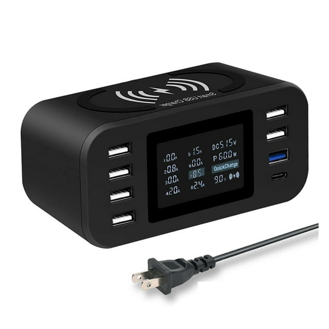 Chargeur USB Multi 65W Station d'Affichage LED Chargeur USB Sans Fil 15W pour S9 S8 S20, Charge Rapide Multifonctionnelle