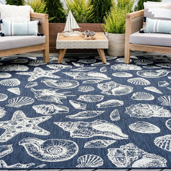 5x8 Water Resistant, Indoor Outdoor Rugs for Patios, Front Door Entry, Entryway, Deck, Porch, Balcony | Outside Area Rug for Patio | Navy, Coastal | Size: 5'3'' x 7'3''
