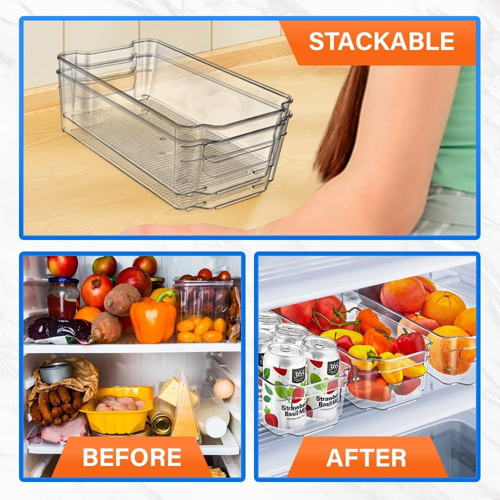 LifeMaster Stackable Fridge Organizer PET Clear Bins - Pack of 14 | Maximize Storage Space, Easy to Clean, Versatile for Fridge, Cabinet, Pantry, Countertops | Durable PET Plastic