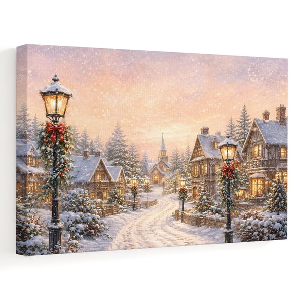 Christmas Village Canvas Wall Art, Winter Rustic Cottagecore Warm Streetlamp Wooden‑Stretched Canvas Print Artwork, Home Wall Decor for Living Room Bedroom Office 24"Lx16"W