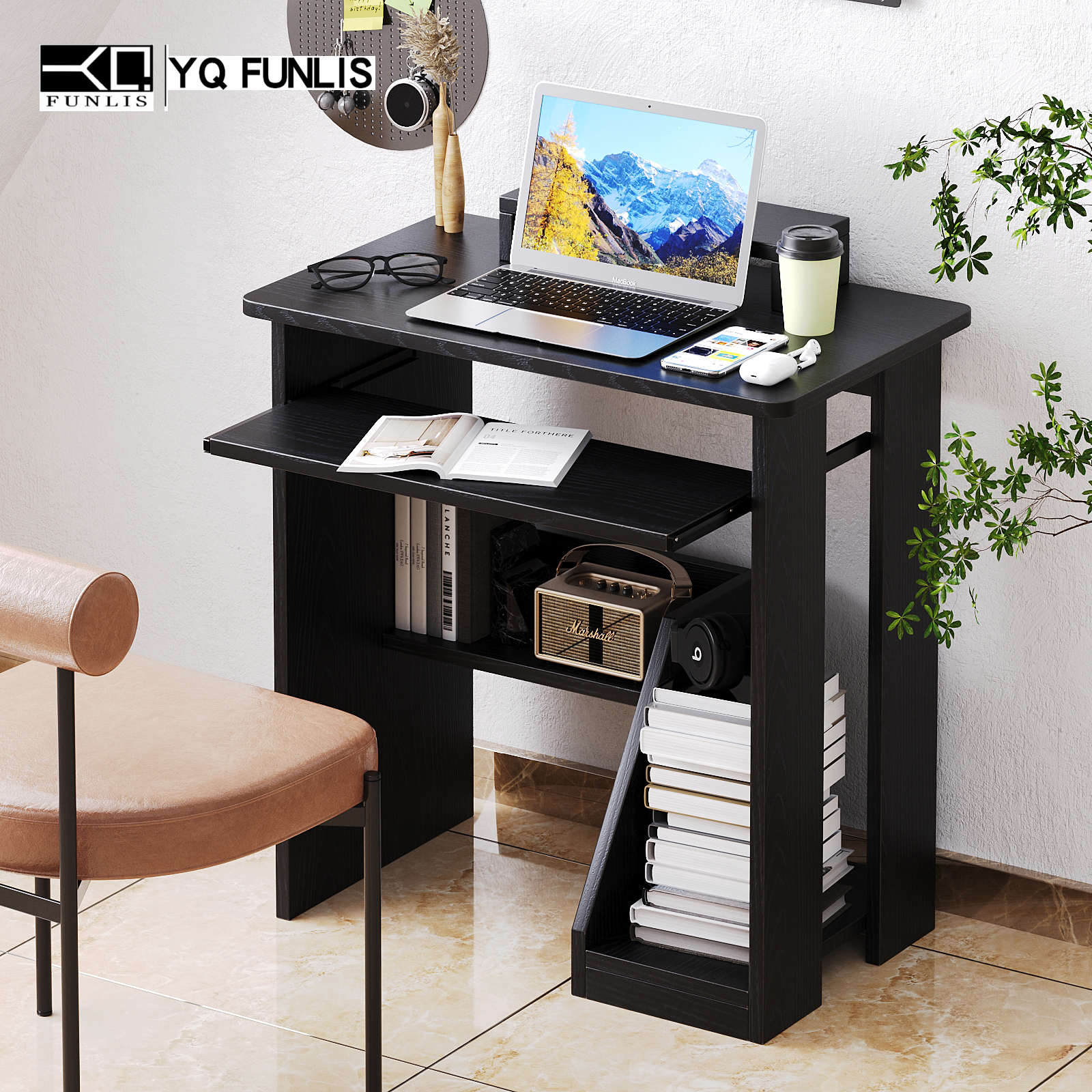 ALISENED 29in Computer Desk with Monitor Stand and Keyboard Tray for Small Space, Wood PC Laptop for Bedroom, Writing Table with Shelves for Living room, Black