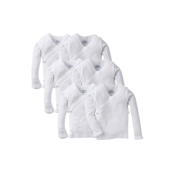 Gerber Baby Boy or Girl Gender Neutral White Long Sleeve Side Snap Shirt with Mitten Cuffs, 6-Pack