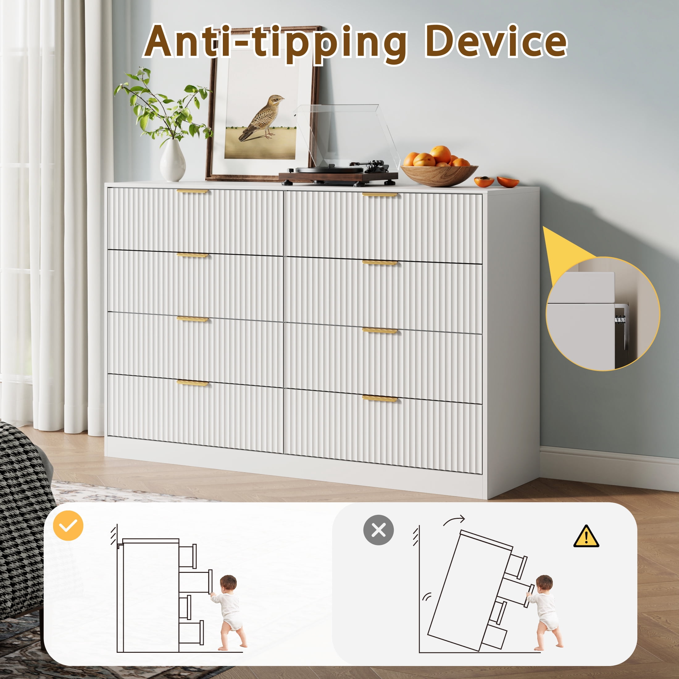 YouTrend White 8 Drawer Dresser with for Bedroom,Modern Adult Fluted Wood Chest of Drawer with Golden Embedded Handles for Living Room,Hallway